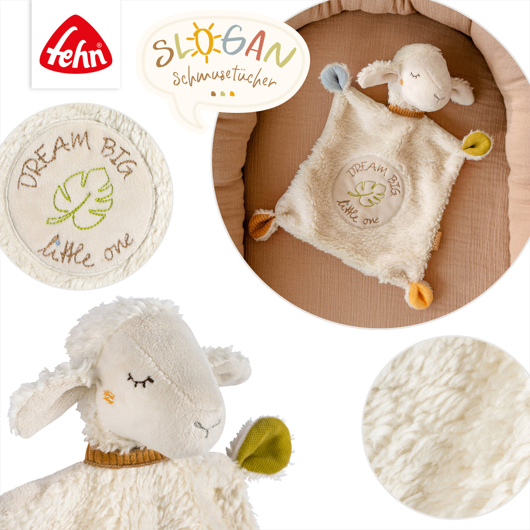 Detailansicht des Baby Schmusetuchs Schaf mit Slogan