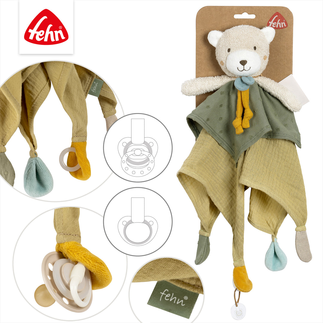 Detailansicht des Baby Schmusetuchs Bär mit Schnullerring