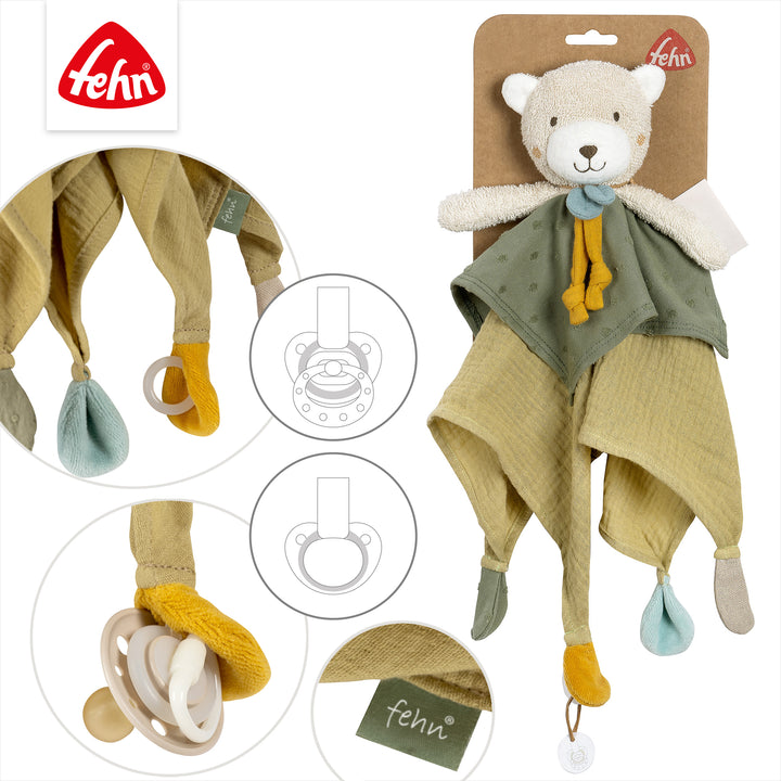 Detailansicht des Baby Schmusetuchs Bär mit Schnullerring