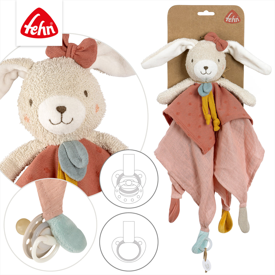Detailansicht des Baby Schmusetuchs Hase mit Schnullerring
