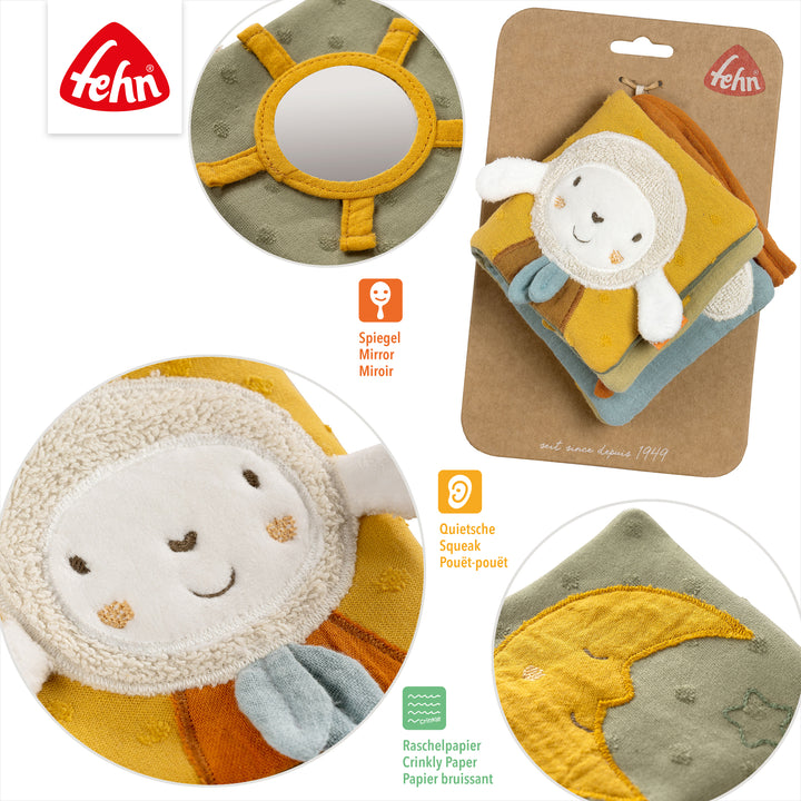 Details des Baby Stoffbuchs Schaf, auf Verpackung