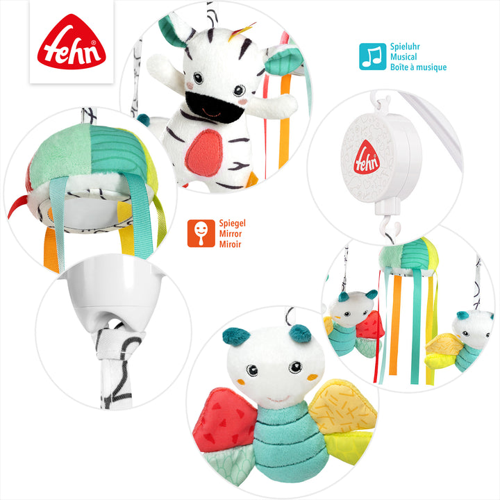 Detailansicht des Baby Musik-Mobile DoBabyDoo mit Plüschfiguren und Spiegel