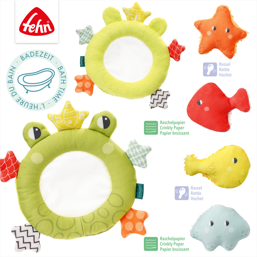 Details des schwimmfähigen Baby Badekeschers Frosch mit Rassel und Raschelpapier