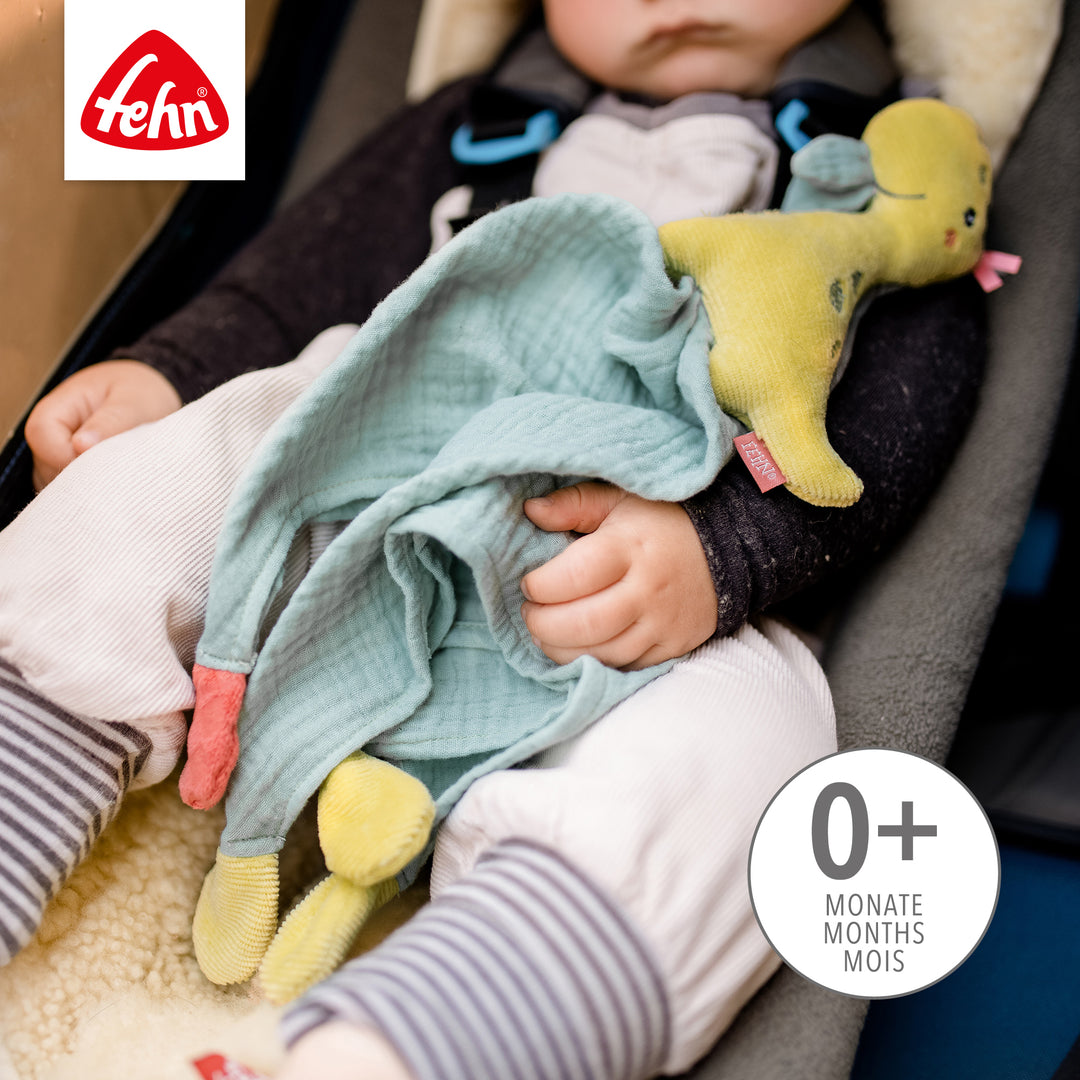Baby hält Baby Schmusetuch Dino im Arm