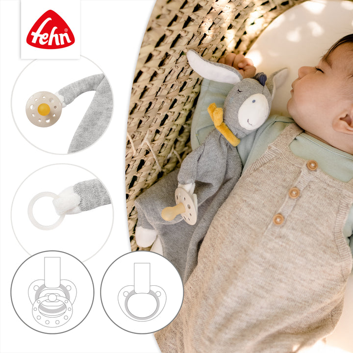 Detailansicht des Baby Schmusetuchs Esel mit Schnullerring
