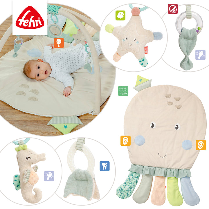 Details der 3-D-Activity-Decke Oktopus mit Spiegel, Tierstimme, Greifring, Rassel, Raschelpapier, Quietsche und Beißer