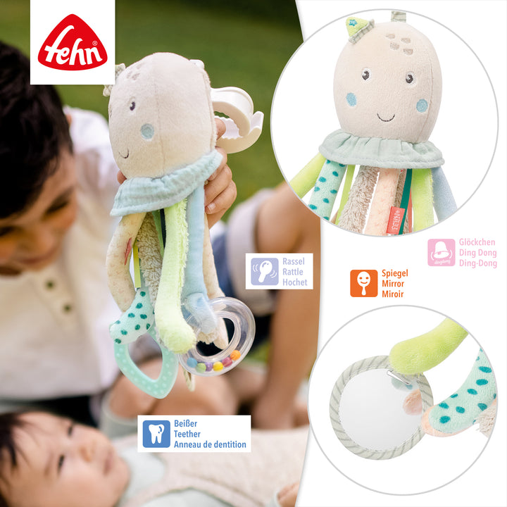 Detailansicht des Baby Activity-Oktopus mit Glöckchen, Rassel, Spiegel und Beißer
