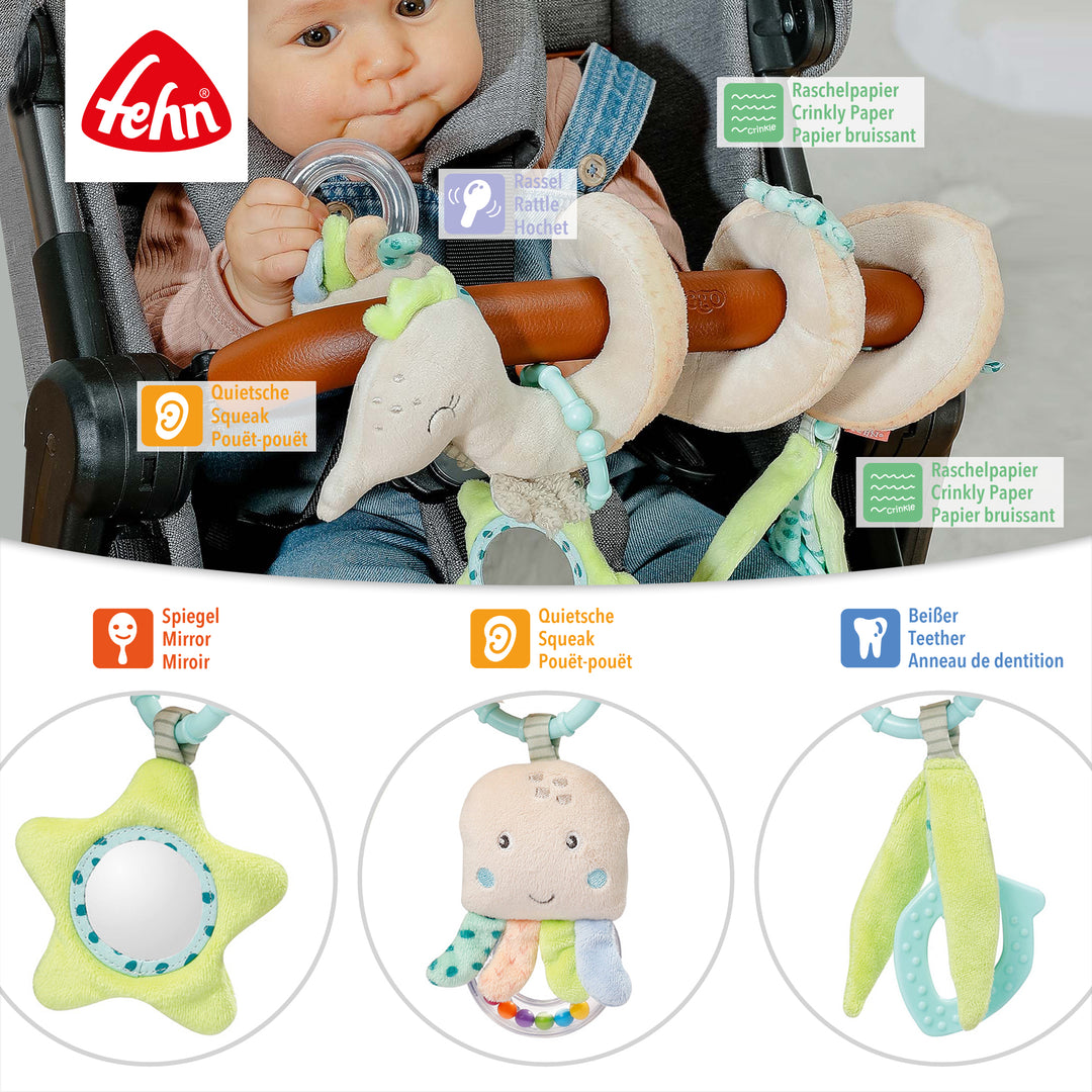 Detailansicht der Baby Activity-Spirale Seepferd mit Raschelpapier, Rassel, Quietsche, Beißer und Spiegel
