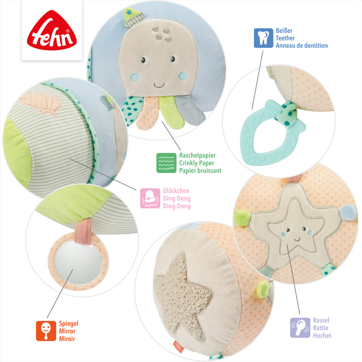 Detailansicht der Baby Krabbelrolle Meereskinder mit Beißer, Raschelpapier, Glöckchen, Spiegel und Rassel