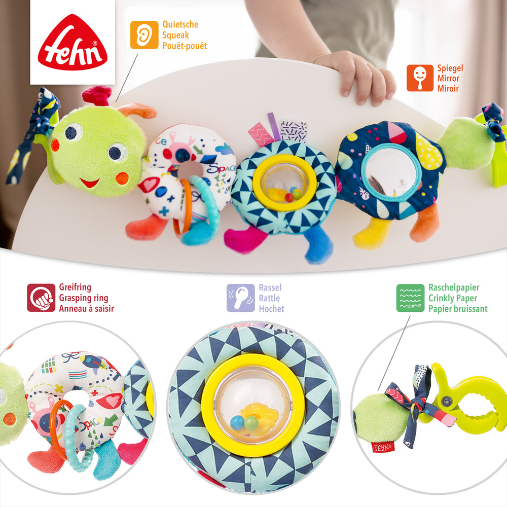 Details der Baby Kinderwagenkette Raupe mit verschiedenen Spielelementen