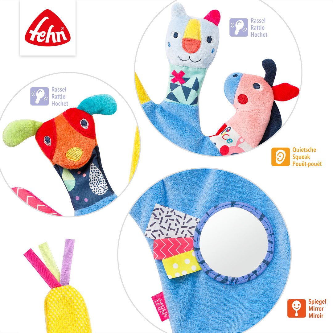 Detailansicht des Baby Spielhandschuhs COLOR Friends mit Rassel, Quietsche und Spiegel