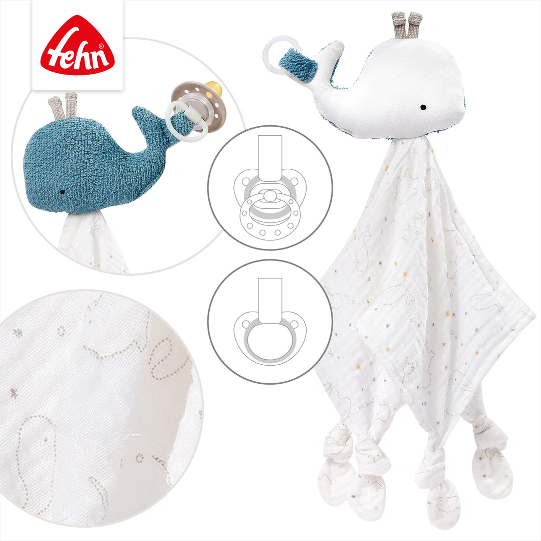 Detailansicht des Baby Schmusetuchs Wal mit Schnullerring