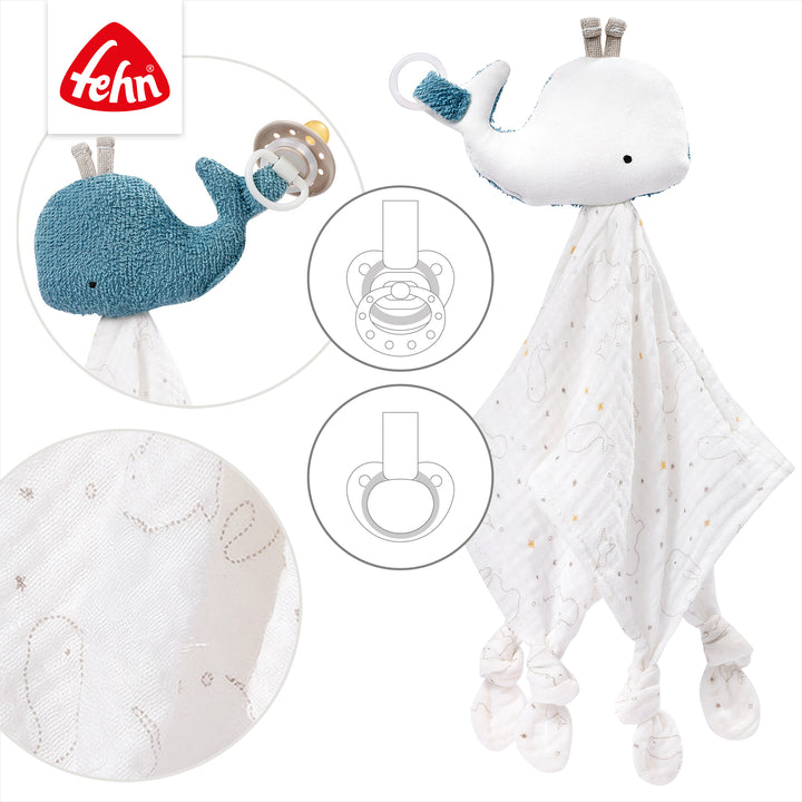 Detailansicht des Baby Schmusetuchs Wal mit Schnullerring