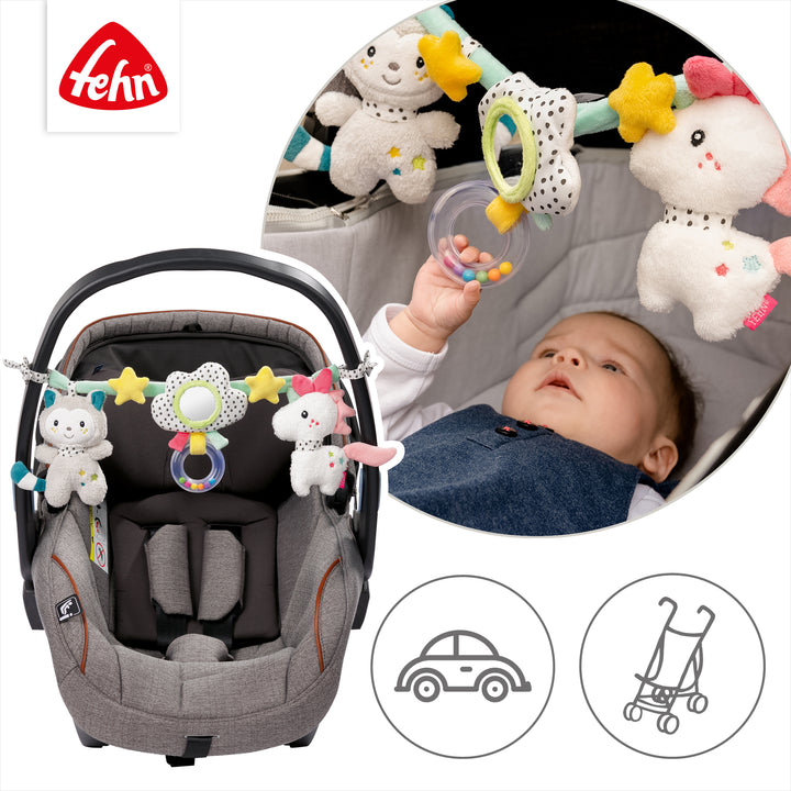 Baby Kinderwagenkette Aiko &amp; Yuki an Babyschale und Kinderwagen befestigt