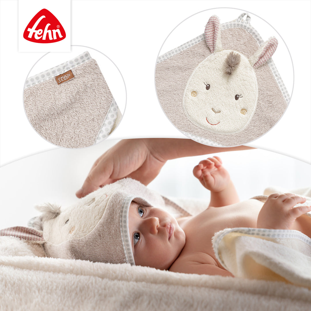 Details des Baby Kapuzenbadetuch Lama aus weichem Frottee
