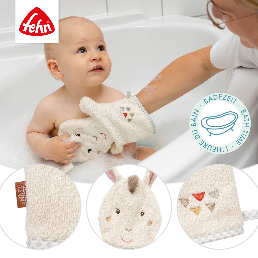Details des Baby Waschhandschuhs Lama aus weichem Frottee
