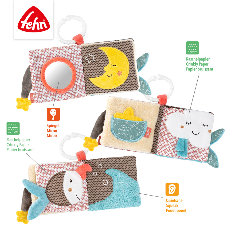 Innenseiten des Baby Stoffbuchs Bruno mit Spiegel, Quietsche und Raschelpapier