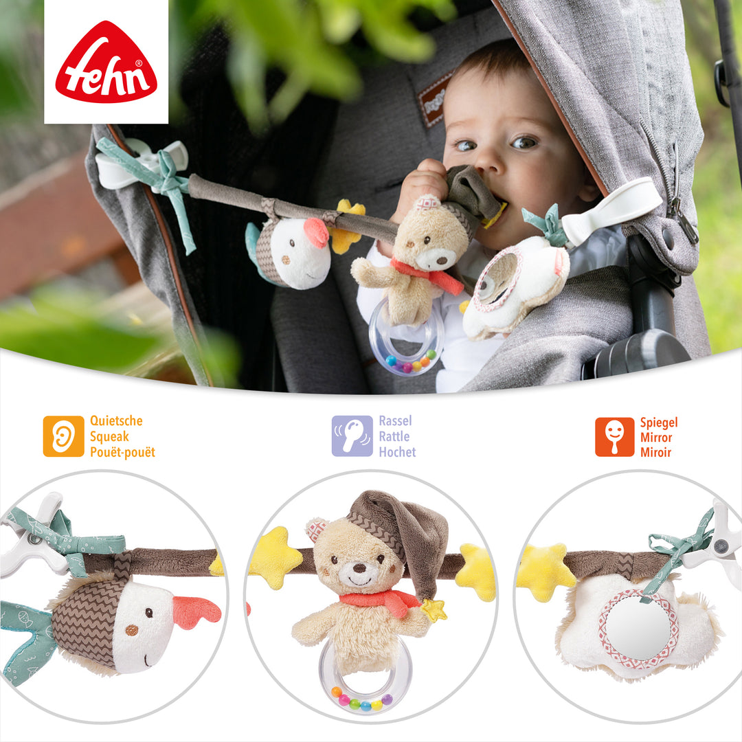 Detailansicht der Baby Kinderwagenkette Bruno mit Quietsche, Rassel und Spiegel
