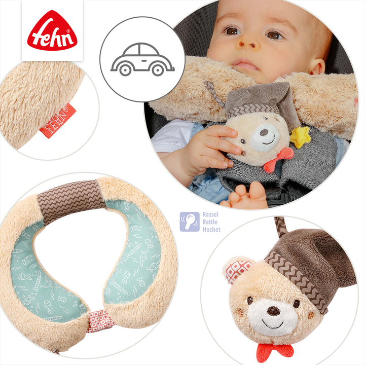 Detailansicht der Baby Nackenstütze Bär mit integrierter Rassel, für unterwegs