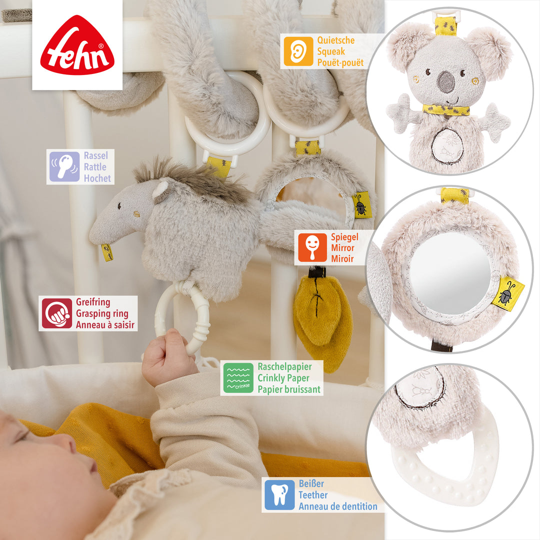 Detailansicht der Baby Activity-Spirale Australia mit Quietsche, Spiegel, Rassel, Greifring, Raschelpapier und Beißer