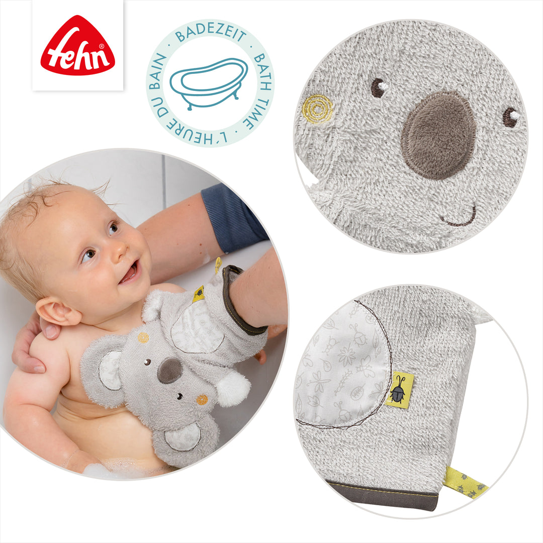 Details des Baby Waschhandschuhs Koala aus weichem Frottee