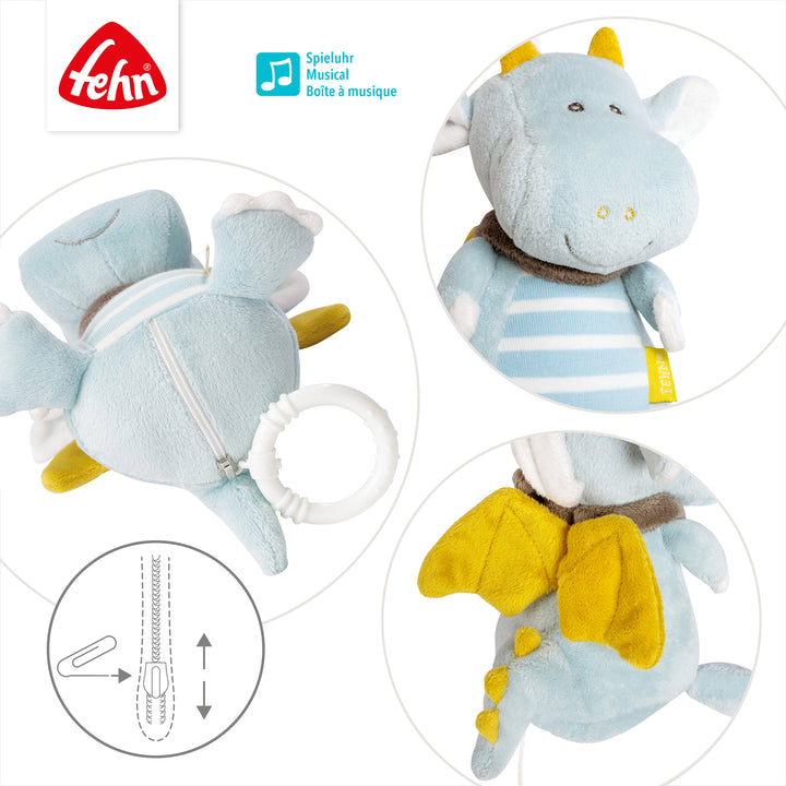 Detailansicht der Baby Spieluhr Drache mit Reißverschluss