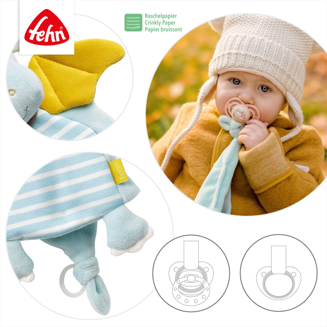 Detailansicht des Baby Schmusetuchs Drache mit Schnullerring