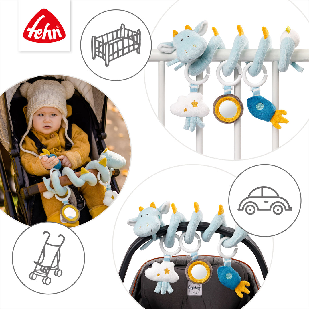 Baby Activity-Spirale Drache an Babybett, Babyschale und Kinderwagen befestigt
