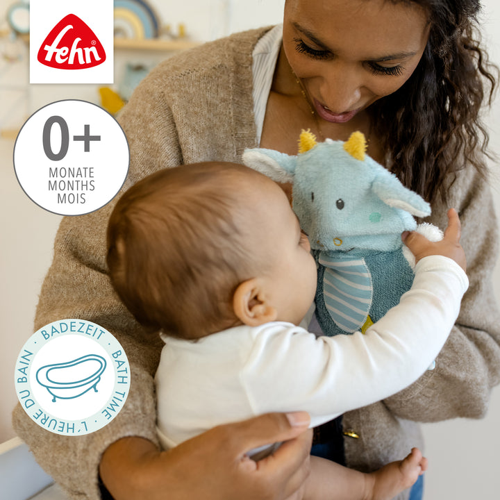 Mutter und Baby spielen mit Baby Waschhandschuh Drache