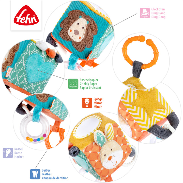 Details des Activity-Würfels Funky Friends mit verschiedenen Spielelementen