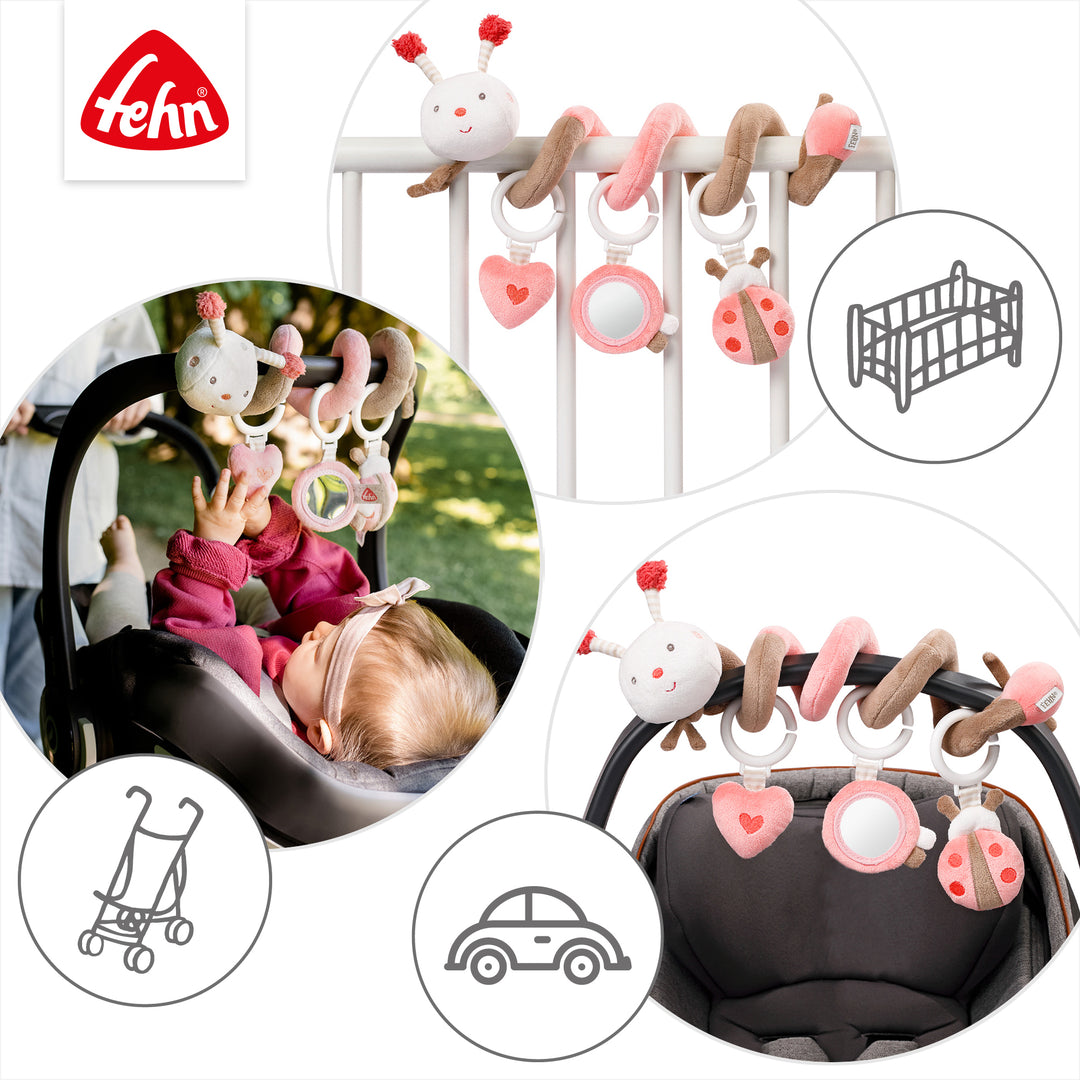 Baby Activity-Spirale Biene an Babybett, Babyschale und Kinderwagen befestigt