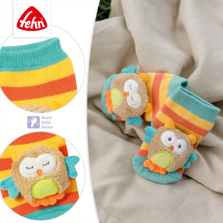 Details der Baby Rasselsocken Eule mit integrierter Rassel