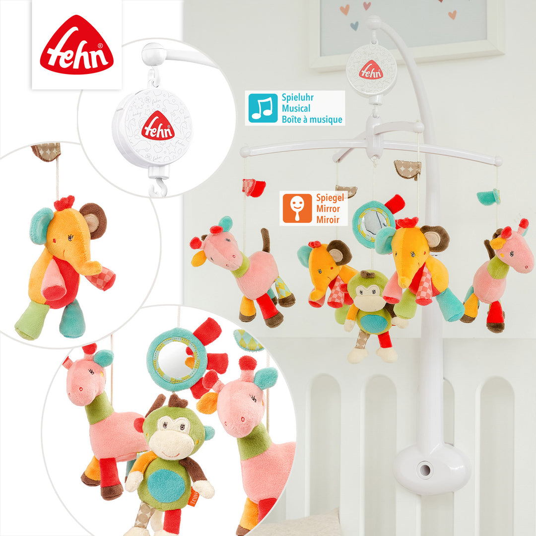 Detailansicht des Baby Musik-Mobile Safari mit Plüschfiguren und Spiegel