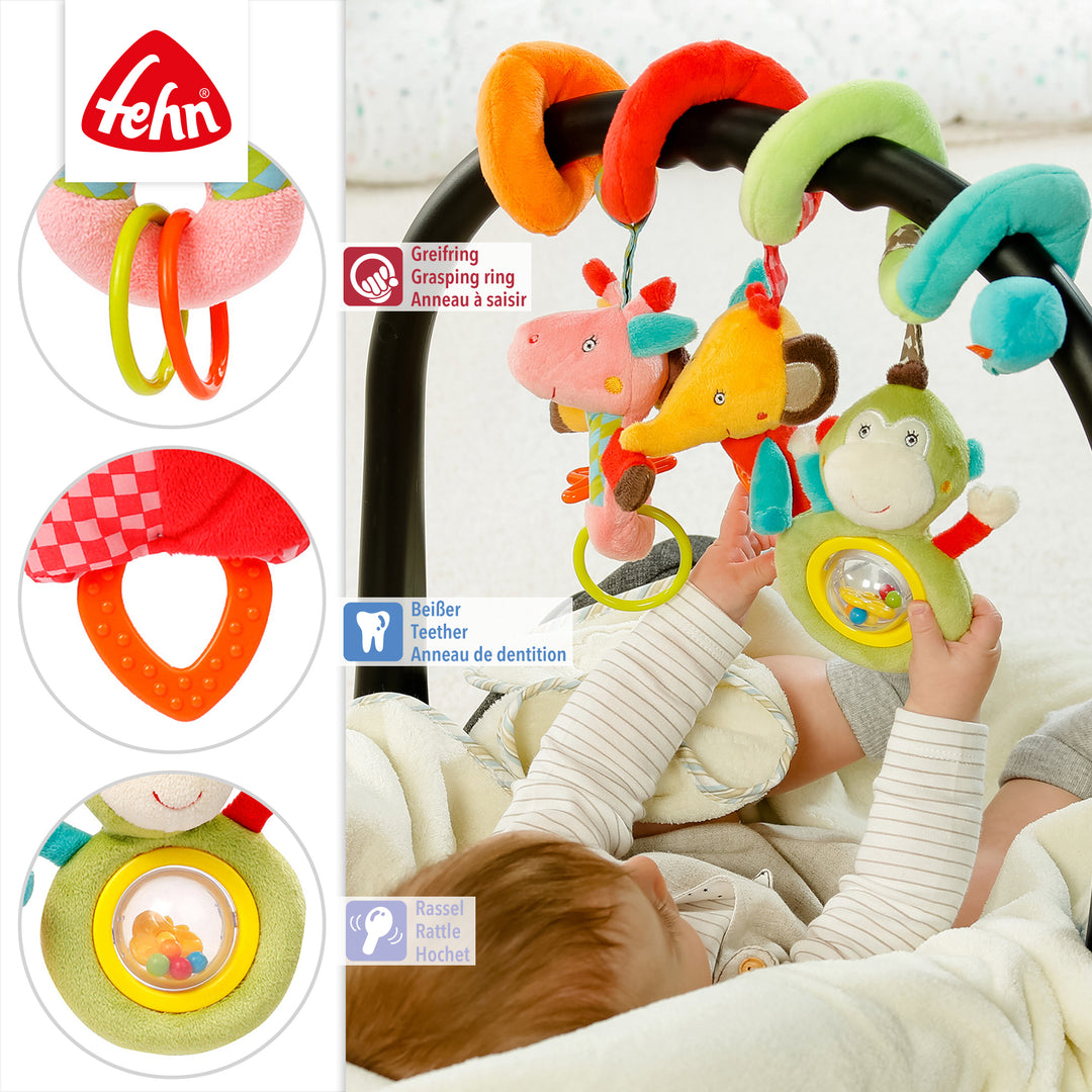 Detailansicht der Baby Activity-Spirale Safari mit Greifring, Beißer und Rassel