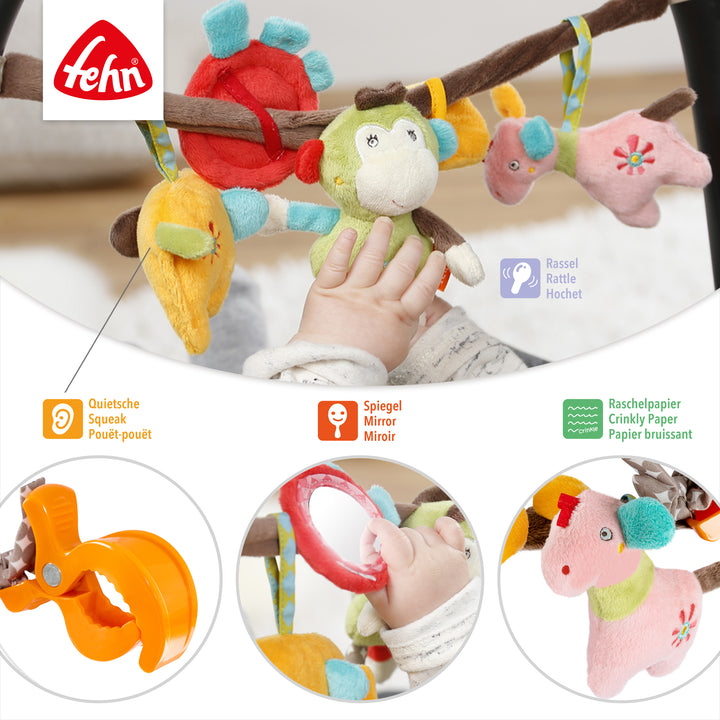 Details der Kinderwagenkette Safari mit verschiedenen Spielelementen