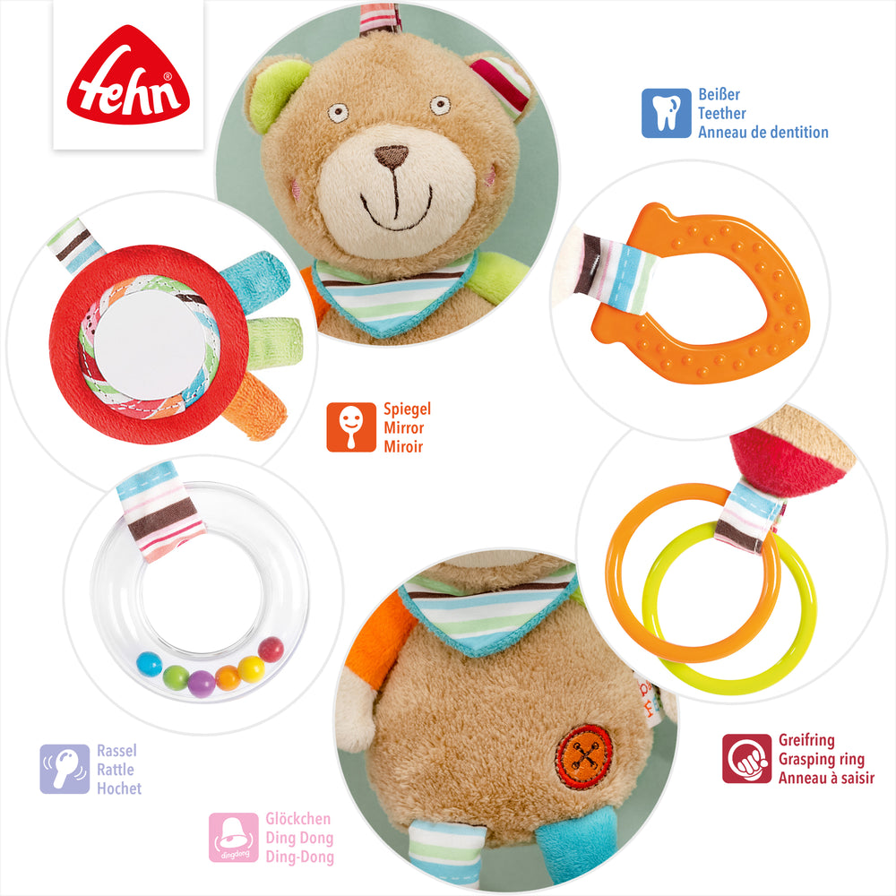 Details des Activity-Teddy mit Beißer, Spiegel, Rassel, Glöckchen und Greifring